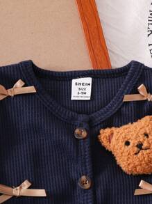 SHEIN Playful Pals 2 件套女童春秋新款卡通可爱 3D 熊开衫上衣 + 格子百褶裙，女宝宝装 - 藏蓝色 - 查看 6