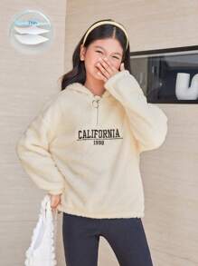 SHEIN Tween Girl Letter Embroidery Half Zip Teddy Sweatshirt - Beige - View 1