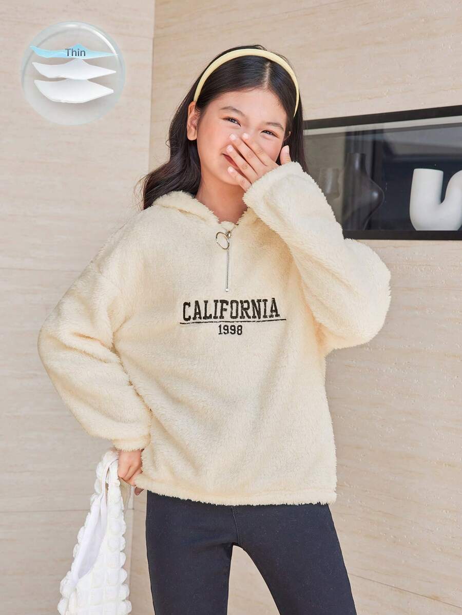SHEIN Tween Girl Letter Embroidery Half Zip Teddy Sweatshirt - Beige - View 1