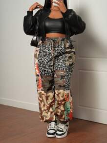 Slaydiva Plus Size Women Camo & Leopard Print Patchwork Pants
