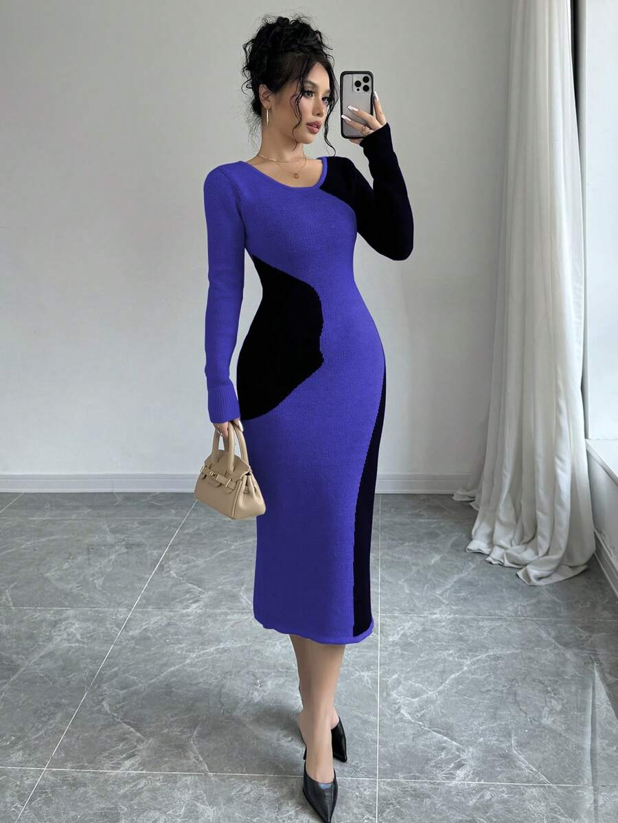 Elenzga Women Elegant Contrast Color Fitted Sweater Dress For Autumn/Winter - Blue - View 1
