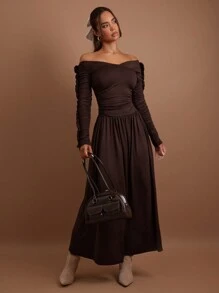 COSMINA Women Solid Color Off-Shoulder Ruffle Elegant Long Sleeve Dress - Coffee Brown - View 4