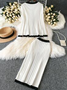 SHEIN Clasi Bộ áo len dệt kim sọc màu khối dài tay cỡ lớn và váy, cho mùa đông - trắng - Xem 2