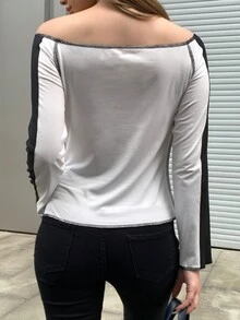 INAWLY Women Casual Contrast Color Patchwork Letter Print Asymmetrical Collar T-Shirt, Autumn - Black and White - View 2