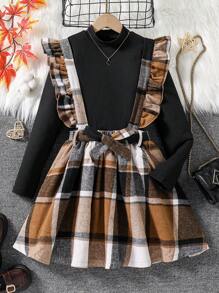 Set de 2 piezas de blusa de manga larga de unicolor y vestido de peto a cuadros informal para niñas preadolescentes, otoño