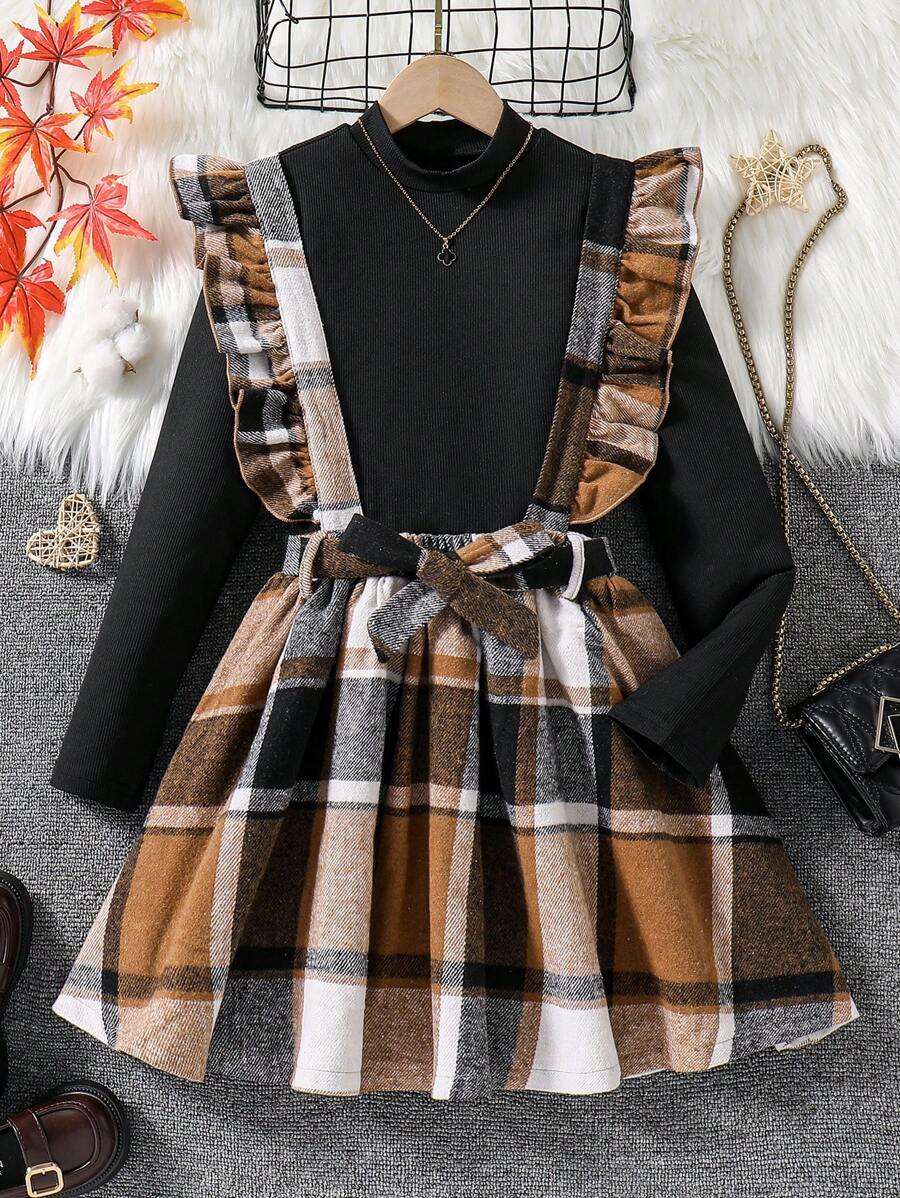 Set de 2 piezas de blusa de manga larga de unicolor y vestido de peto a cuadros informal para niñas preadolescentes, otoño