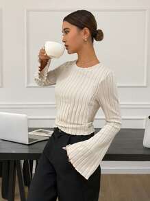 Serisse Lettuce Trim Trumpet Sleeve Ribbed Textured Fabric Special Sleeve Knit Tee Winter Casual Spring - Apricot - View 5