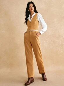 Poéselle 春季黄色法式两件套女士麂皮休闲前扣无袖露脐上衣和直筒裤，女士无袖上衣和裤子套装，春季麂皮套装，春季服装，女士西式服装 - 卡其色 - 查看 6