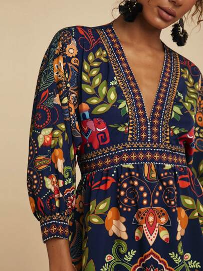 Travachic Vacation Floral Print V-Neck 3/4 Sleeve Mini Dress For Women