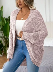 Calvaya 大码纯色休闲百搭针织开衫，适合冬季 - 粉色 - 查看 7