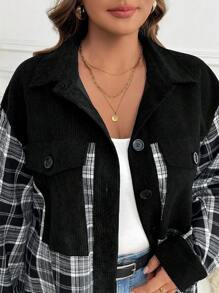 SHEIN LUNE 大码女式拼布格子长袖单排扣口袋休闲夹克，秋季感恩节女式新年冬装女式热卖，办公室穿着 - 彩色 - 查看 7