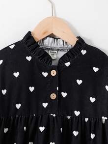 SHEIN 少女编织心形图案荷叶边领半拉链宽松度假连衣裙 - 黑色 - 查看 5