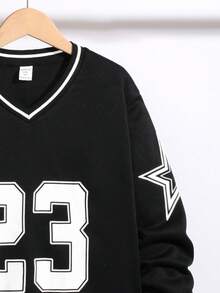 Tween Boy 运动休闲 V 领大字母图案运动衫，适合秋季、春季、冬季，适合户外玩耍、学校、街头风格、派对和居家休闲，物超所值 - 黑色 - 查看 6
