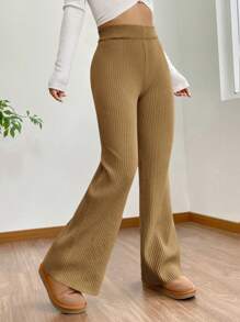 SHEIN EZwear Pantaloni casual in maglia a costine con coulisse in vita, taglia comoda, per l'inverno - Cammello - Visualizzare 1