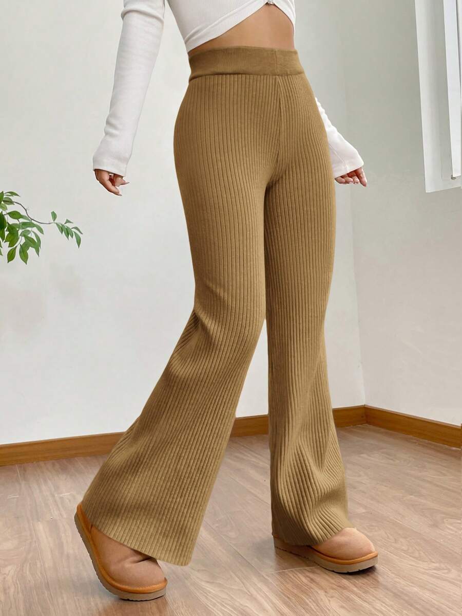 SHEIN EZwear Pantaloni casual in maglia a costine con coulisse in vita, taglia comoda, per l'inverno - Cammello - Visualizzare 1