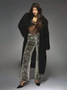 MISSGUIDED Luxurious Long Shaggy Faux Fur Winter Coat Full Length Plush Outerwear Fuzzy Jacket Party Evening Statement Piece Holiday Fashion Fall Winter Collection - Black - View 6