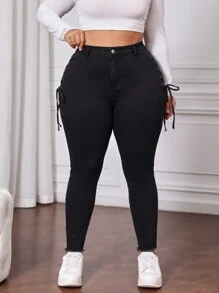 SHEIN CURVE+ Quần bó denim đen co giãn thắt nơ hai bên cỡ lớn cho nữ - màu đen - Xem 5