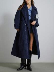 Aveloria Modichic Classic Style Casual Business Navy Blue Long Trench Coat For Women, Loose Fit Lapel Belted Long Sleeve Outerwear  - Navy Blue - View 1