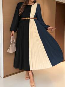 Celure 加大码圆领长袖纯色拼布休闲长裙女装