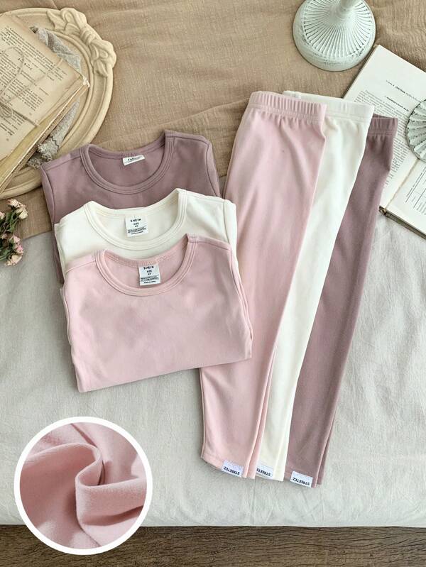 SHEIN LMoss Kids Conjunto de 6 piezas para niña con top de cuello redondo ajustado de manga larga y leggings con ribete y letras aplicadas, suave y cálido para usar a diario en otoño/invierno, pijama