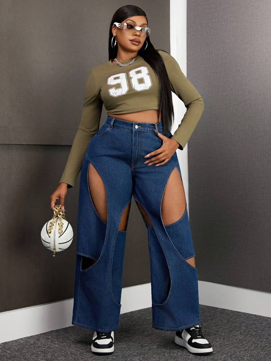 SHEIN SXY Plus Size Women Distressed Patchwork Straight Leg Boyfriend Jeans - Dark Wash - View 1