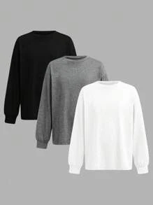 SHEIN 3pcs/Set Loose Fit Tween Girls Long Sleeve Knitted T-Shirts, Essential Base Layer Tops For Spring, Summer, Winter - Multicolor - View 11