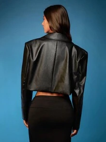 Opulessa Women Solid Color PU Leather Cropped Oversized Jacket - Black - View 2