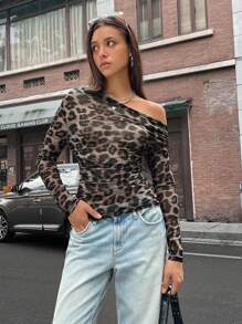 Chiquease Women's Elegant Sexy Leopard Print Semi-Sheer Ruched Long Sleeve Blouse - Black - View 3