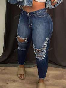 Plus Size Women Distressed Casual Slim Fit Skinny Denim Jeans