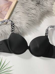 Set sutien și tanga cu armătură, model simplu cu litere - Negru - Vizualizare 5