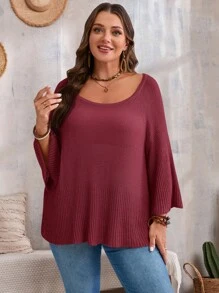EMERY ROSE Plus Size Solid Color Crew Neck Batwing Sleeve Casual Sweater, Winter Clothes For Women, New Years Women - Burgundy - View 5