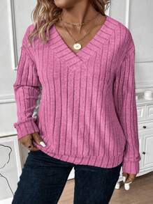 INAWLY Áo nỉ cổ chữ V họa tiết 12*4 thời trang giản dị cỡ lớn, dành cho mùa đông - Hồng - Xem 3