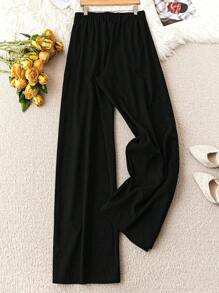 SHEIN LUNE Plus Size Solid Color Button Pleated Loose Office Pants - Black - View 2