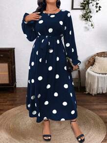 SHEIN Clasi Vestido elegante de manga campana de cuello redondo con estampado de lunares para mujer de talla grande, atuendo de mujer para otoño/invierno de largo maxi