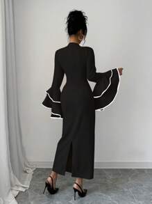 Elenzga 女士立领喇叭袖优雅长裙超长女装 - 黑色 - 查看 2