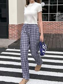 SHEIN EZwear Women's Fall Loose Fit Regular Length Plaid Pants, Autumn - Blue - View 4