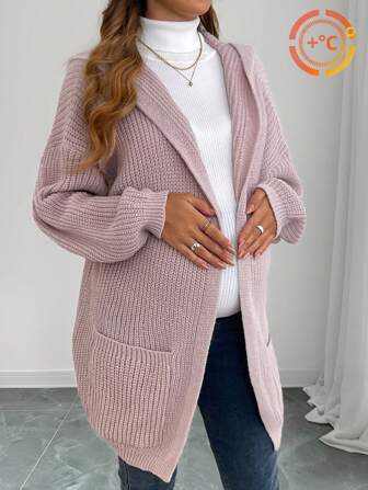 SHEIN Casual Dropped Shoulder Hooded Pocket Pullover Lange Mouw Trui, Voor Zwangere Vrouwen, Voor Moederschap, Voor De Winter