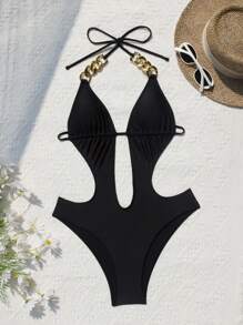Swim SXY حلة سباحة نسائية قطعة واحدة ذات لون أحادي صيفي بياقة عالية تزينها سلسلة ذهبية، مثير - الأسود - مشاهدة 6