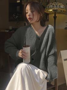 DAZY 1pc Women's Solid V-Neck Loose Knitted Cardigan - Grey - View 4