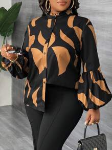 Slaydiva Camicia a maniche lunghe e maniche a palloncino con colletto alto, in stile elegante, casual e da festa, con motivo geometrico multicolore, adatta a donne con taglie over, per primavera e autunno - Castano - Visualizzare 10