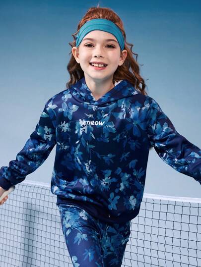 SHEIN 1 件女孩时尚扎染印花连帽运动衫，透气吸湿排汗休闲套头衫，适合校园、街头、户外活动、慢跑、散步、复古风格