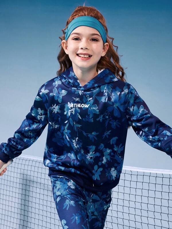 SHEIN 1 件女孩时尚扎染印花连帽运动衫，透气吸湿排汗休闲套头衫，适合校园、街头、户外活动、慢跑、散步、复古风格