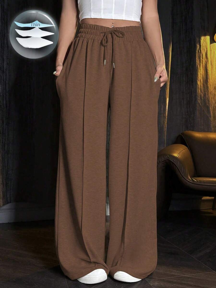 SHEIN Unity Solid Color Drawstring Waist Sweatpants Graduation,Back To School Outfits,Graduation,Teacher Outfits For Women,Back To School Fall Cloth For Women - Coffee Brown - View 1