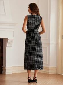 Aveloria Rosie 法式粗花呢混色口袋金属纽扣方领无袖连衣裙，适合节日派对、生日等正式场合。 - 黑與白 - 查看 3