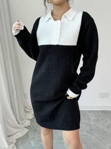 Elenzga Damen Farbblockkleid mit langem Arm, formanliegend und elegant