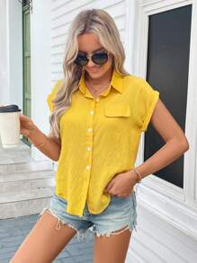 SHEIN LUNE Knotted Self-Tie Button-Front Shirt - Mustard Yellow - View 1