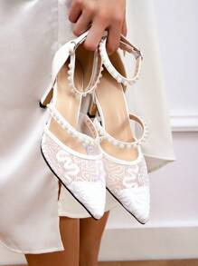 CUCCOO HITCHD 时尚性感网眼蕾丝珍珠装饰水钻尖头高跟鞋新娘婚鞋 - 白色 - 查看 1