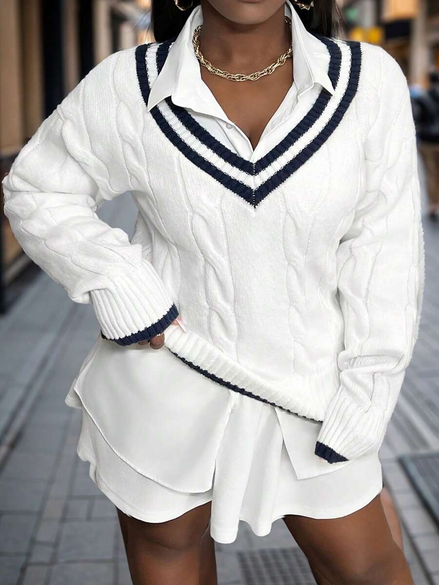 Slaydiva 2024 New Solid Color Contrast V-Neck Striped Cable Knit Plus Size Pullover Sweater For Women, Casual Daily Wear, Autumn/Winter - Black and White - View 1