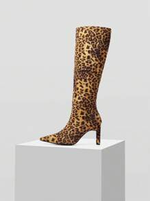 MOTF PREMIUM BOTAS ALTAS DE TACÓN CON PUNTERA PUNTIAGUDA Y ESTAMPADO DE LEOPARDO, VERSÁTIL Y CÓMODA PARA USAR EN EL DÍA A DÍA, PARA MUJER - Multicolor - Ver 3