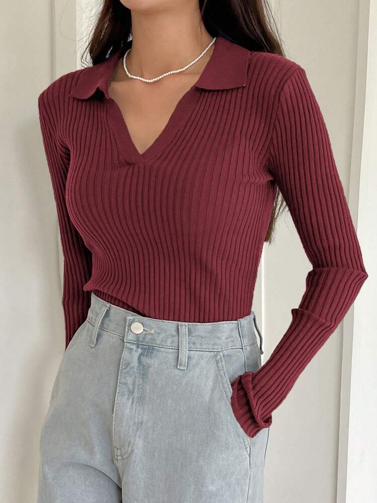 DAZY Solid Color Ribbed Crew Neck Long Sleeve Sweater, Business Casual Style,Fall Clothes - Red - View 3